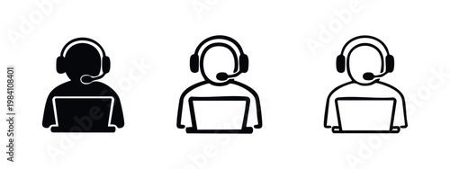 Call center support agent icon set. Customer service representative with headset and computer. Online assistance symbol.