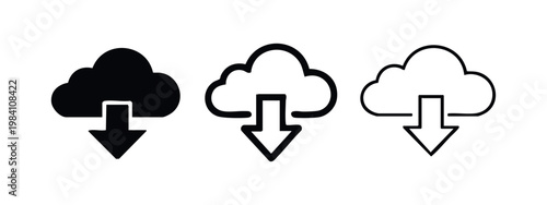 Cloud download icon set. Data transfer and storage symbol. Online backup and digital information concept.