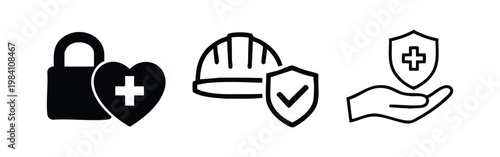 Health and safety icons set. Healthcare, protection, and security symbols. Medical insurance and worker safety concept.