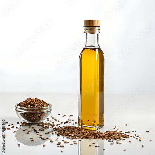 Flaxseed oil and seeds in a glass bottle and bowl
