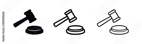 Gavel and Block Icon Set. Symbol of Law, Justice, Auction, and Authority in Legal Proceedings.