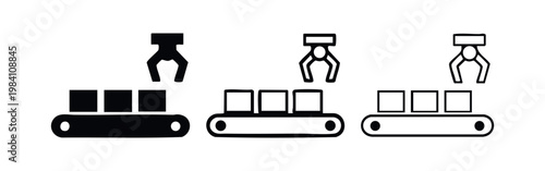 Robotic Arm and Conveyor Belt with Boxes Icon Set - Factory Automation