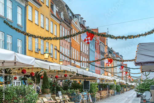 Nyhavn Waterfront With Christmas Decorations In Copenhagen, Denmark