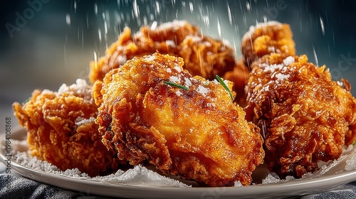 Crispy Fried Chicken Pieces on a Plate with Sprinkles of Salt and Fresh Herbs Capturing Mouth-Watering Deliciousness and Appetizing Presentation for Food Lovers