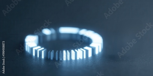 Engineers use a laptop for programming a circular hologram that displays the economy agenda to increase social awareness.