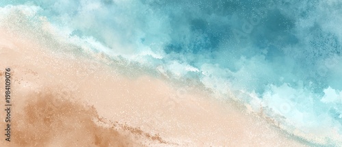 An abstract aerial view depicts a sandy shoreline blending seamlessly with a turquoise ocean, creating a tranquil and artistic landscape.