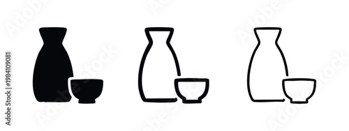 Sake bottle and cup icon. Traditional Japanese alcoholic beverage symbol.