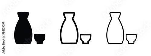 Sake bottle and cup icon set. Traditional Japanese alcoholic drink symbol for restaurants or bars.