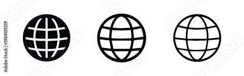 Earth globe icon set with regular grid in various styles for global and internet concepts.