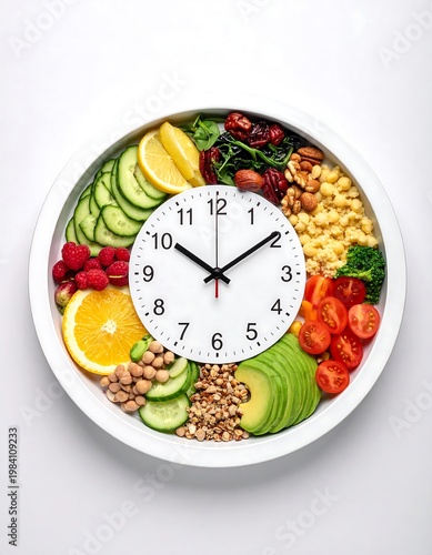 A clock face artfully arranged with vibrant, healthy food segments