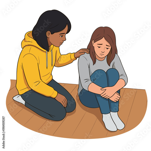 A woman comforts a girl sitting on the floor
