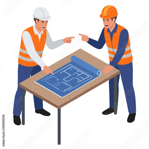 Two construction workers discussing blueprints on a table indoors