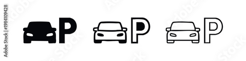 Car and parking letter P icons in solid and outline styles