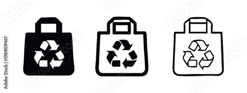 Three shopping bag icons with recycling symbol in solid, outlined, and hand-drawn styles.