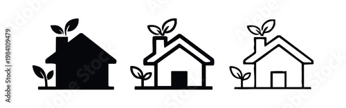 Three house icons with leaves and chimney in solid, outlined, and hand-drawn styles.