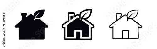 Three house icons with leaves and chimney in solid, outlined, and hand-drawn styles.