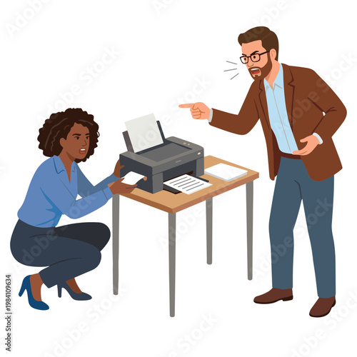 Man pointing at a jammed printer while a woman tries to fix it at a desk.