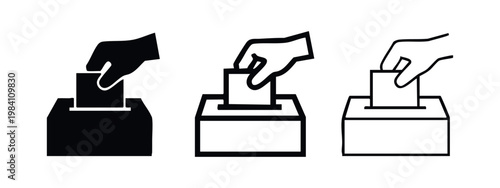 Voting ballot box icons with hand: solid, outlined, and hand-drawn styles