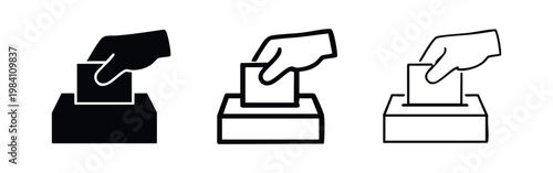 Voting ballot box icons with hand: solid, outlined, and hand-drawn styles