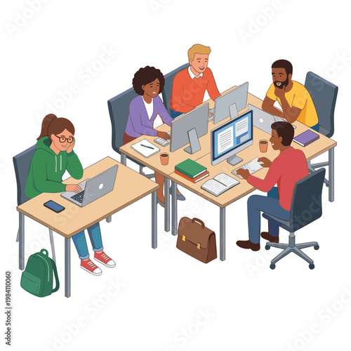 People collaborate on computers at office desks in a modern workspace environment