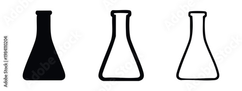 Three laboratory flask icons: solid black, outlined in black, and line art