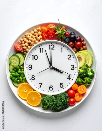 A clock face design with fruits, nuts, and vegetables arranged around the clock