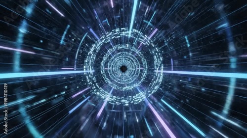Abstract digital tunnel with glowing neon blue and purple lights creating a sense of fast motion and futuristic travel