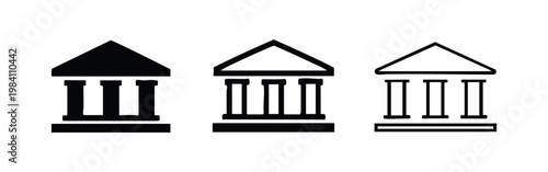 Three bank icons in different styles: solid black, outline with fill, and outline.