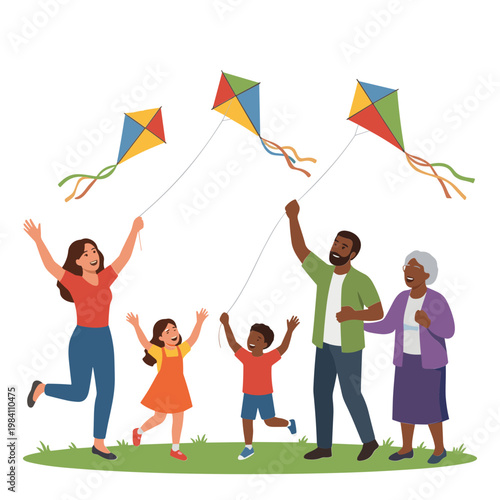 A diverse family flies colorful kites together outdoors in a park