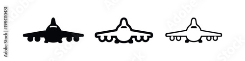 Three fighter jet icons in different styles: solid black, outline with fill, and outline.