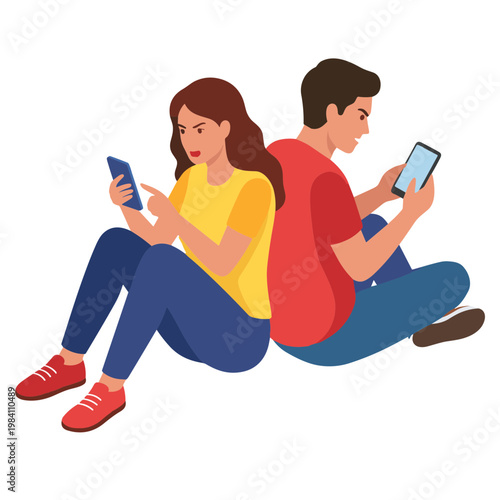 Two people sitting back to back using their phones in casual clothes