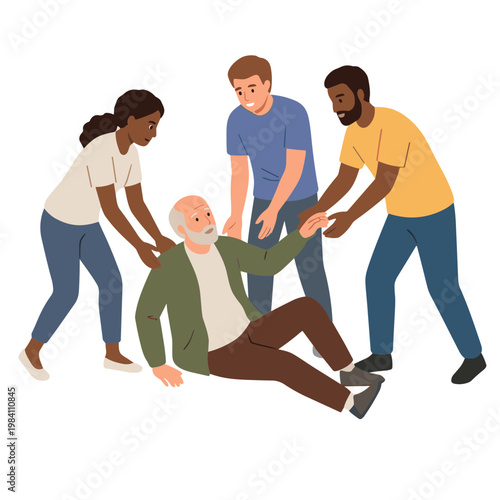 People assisting a man who has fallen on the ground in a public place.