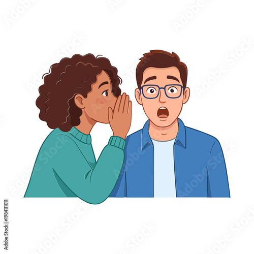 A woman whispers a secret to a surprised man with glasses.