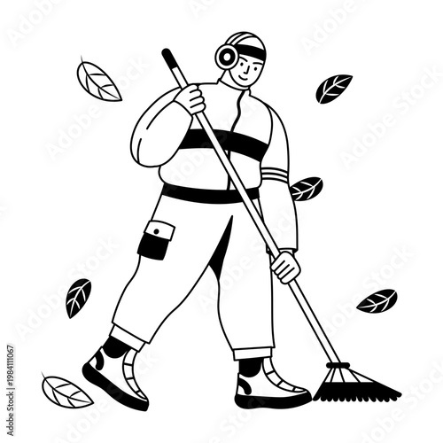 Glyph style illustration depicting a character raking leaves
