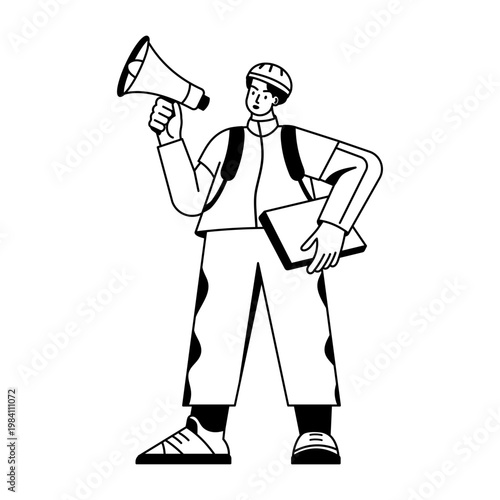 Glyph illustration showing a character doing community awareness work 
