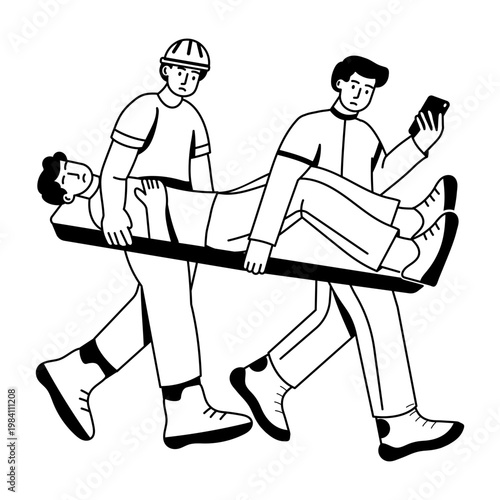 Glyph style illustration depicting a rescue team carrying stretcher

