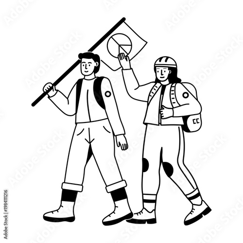 A glyph style illustration showing protesting volunteers 
