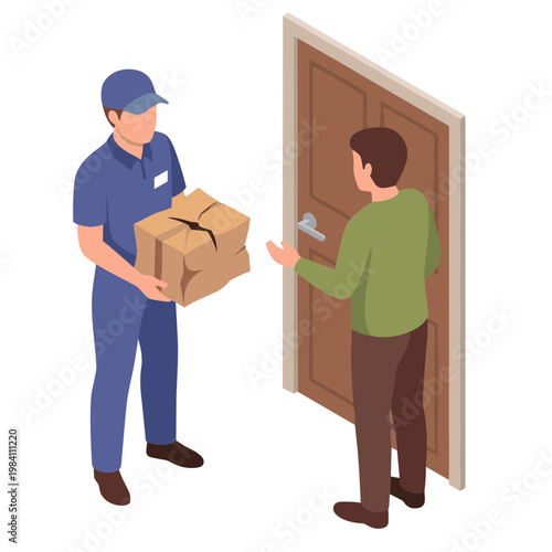 Delivery man handing package to customer at doorstep indoors
