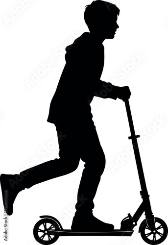 Black vector silhouette illustration of a young active boy riding a push kick scooter isolated on a plain white background.