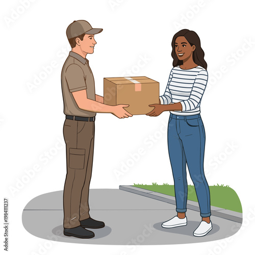 Delivery man handing package to smiling woman on sidewalk outdoors