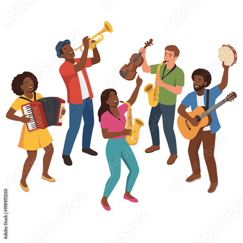 Musicians play various instruments in a lively performance with guitar, saxophone, trumpet, accordion, and bongo.
