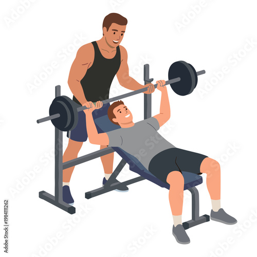 Man lying on bench press with spotter lifting weights at gym