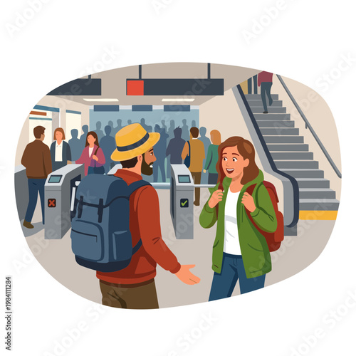 Two travelers interact near turnstiles in a busy transit station with escalators.