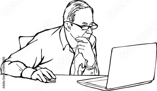 Schilderij op canvas Senior man thinking while using laptop line art vector