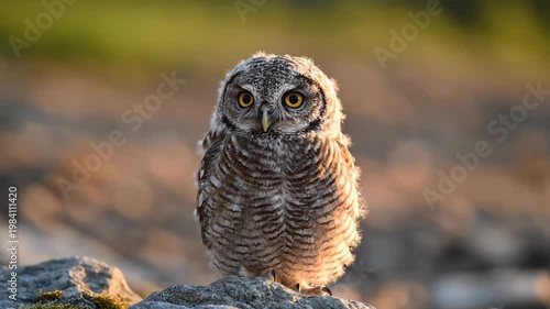 Adorable Young Owl Perched on Rock During Golden Hour With Soft Bokeh Background