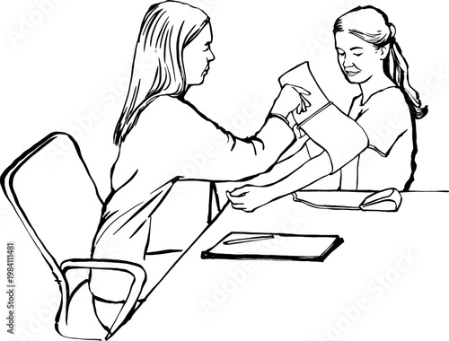 Healthcare professional measuring blood pressure of a female patient in a clinic line art.