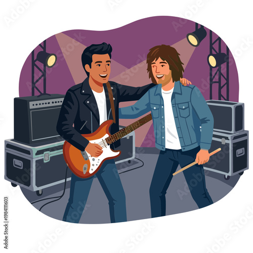 Two musicians performing on stage with guitar and drumsticks