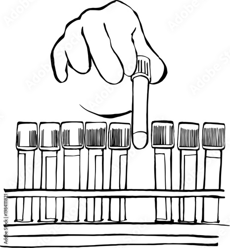 Hand picking up a blood test tube from a lab rack.
