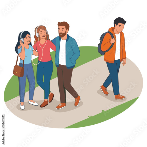 Four friends walk on a park path together laughing chatting