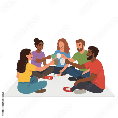 Diverse group of people clinking coffee cups together in celebration while sitting on floor indoors